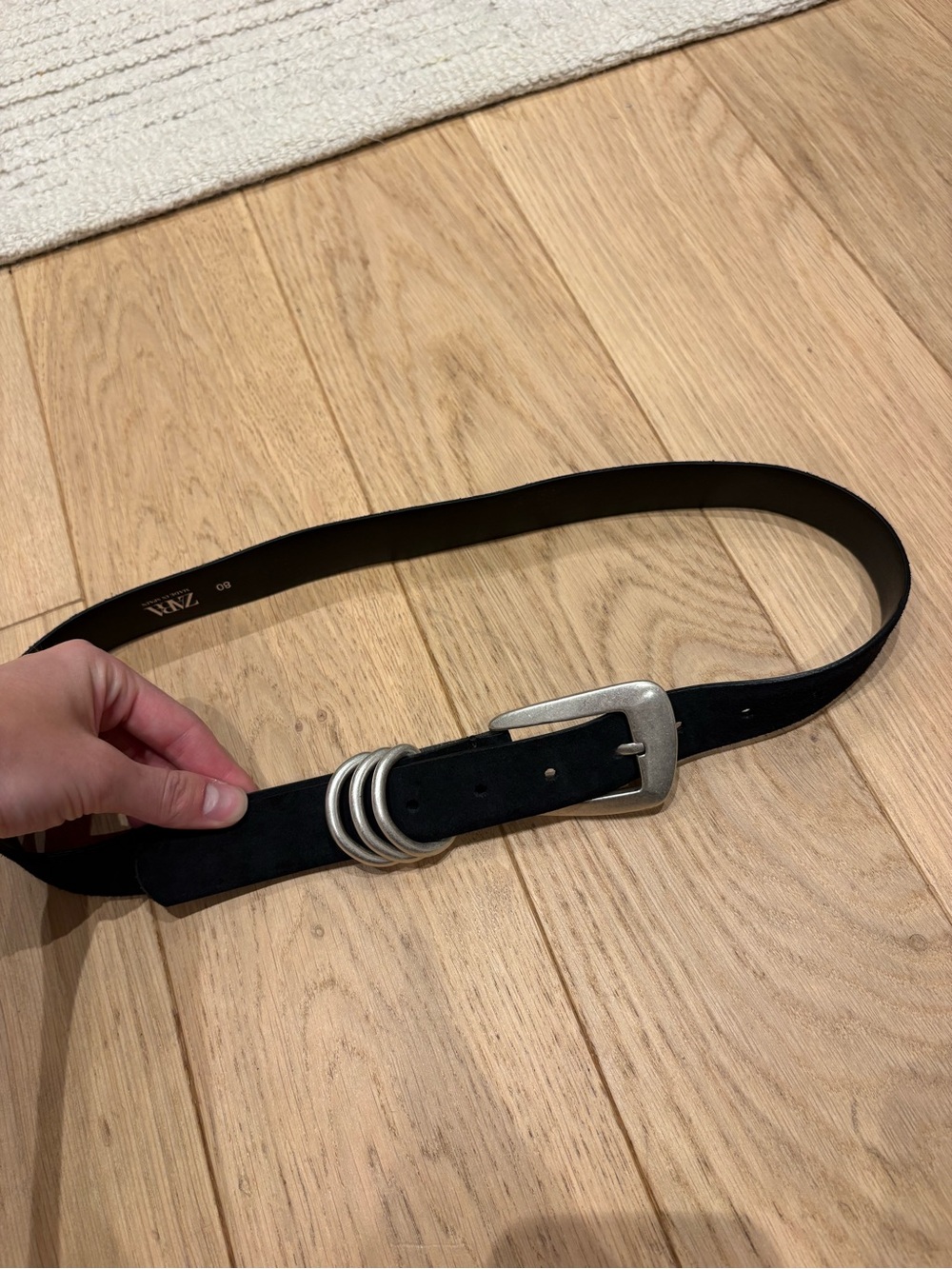 Zara Triple Loop Split Suede Leather Belt with Antiqued Silver Buckle